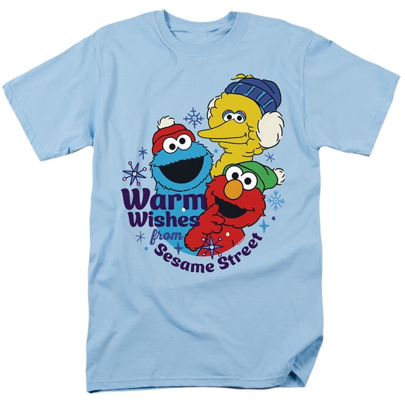 Sesame Street Elmo, Cookie Monster Warm Wishes For Christmas Unisex Adult T Shirt, Light Blue, 2X-Large