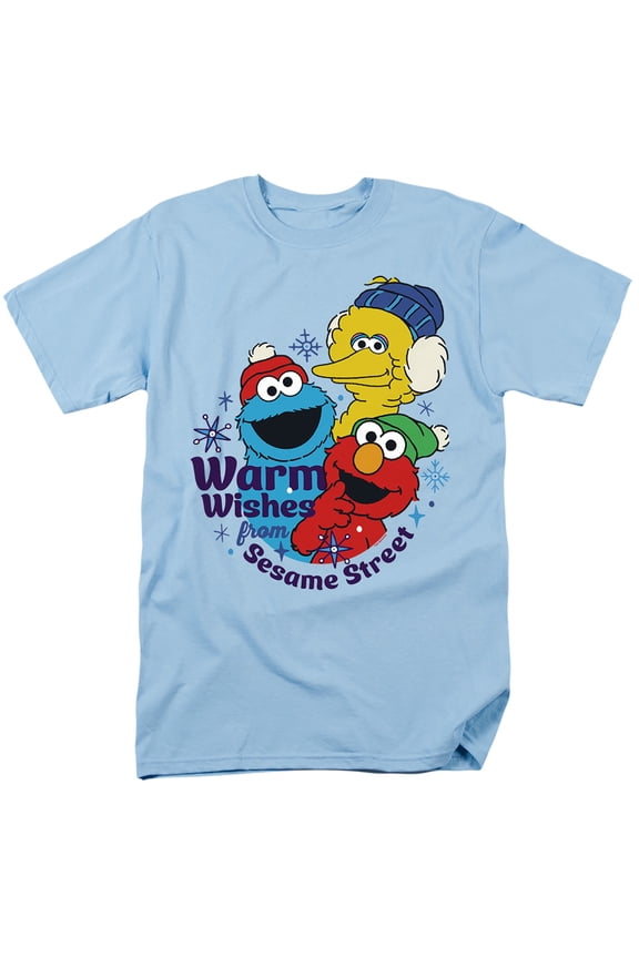 Elmo, Cookie Monster Warm Wishes For Christmas Unisex Adult T Shirt, Light Blue, Small