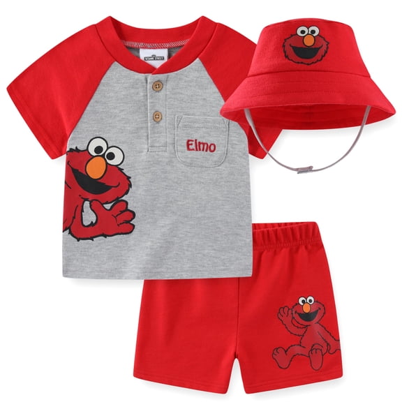 Sesame Street Elmo French Terry Half Button T-Shirt with Bucket Hat and Shorts Set (Baby Boys), 3 Piece Set, Sizes 12M-24M