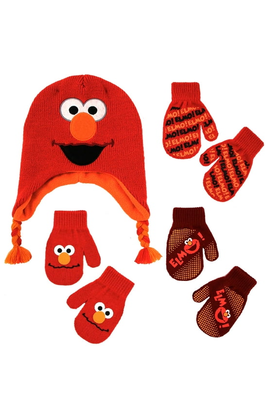 Elmo Hat and 3 Pair Mitten Cold Weather Set, Toddler Boys, Age 2-4