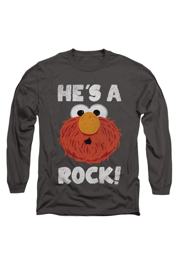 Sesame Street Elmo He's a Rock Rocco Unisex Adult Long-Sleeve T Shirt, Charcoal, Large