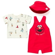 Sesame Street Elmo Infant Baby Boys French Terry Short Overalls T-Shirt and Hat 3 Piece Outfit Set Newborn to Toddler