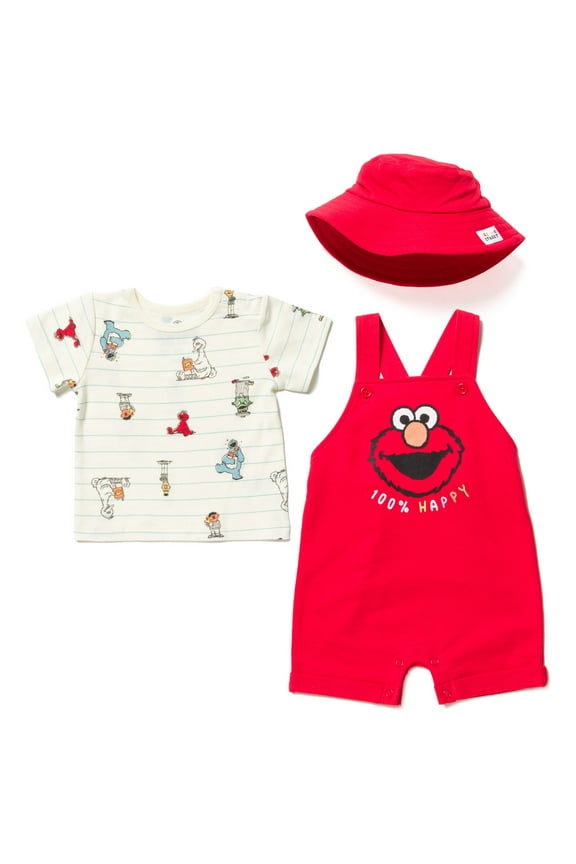 Elmo Infant Baby Boys French Terry Short Overalls T-Shirt and Hat 3 Piece Outfit Set Newborn to Toddler