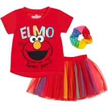 Sesame Street Elmo Infant Baby Girls T-Shirt Tulle Skirt and Scrunchie 3 Piece Outfit Set Infant to Little Kid