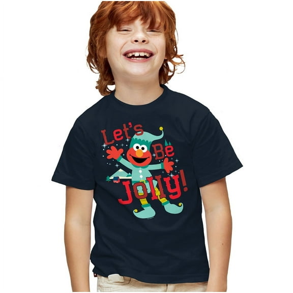 Sesame Street Elmo, Jolly Christmas Elf Kids T Shirt for Youth Boys and Girls, Navy, Large