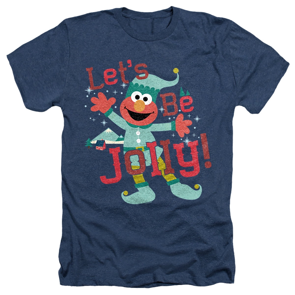 Sesame Street Elmo, Jolly Christmas Elf Unisex Adult Heather T Shirt, Navy Heather, Medium