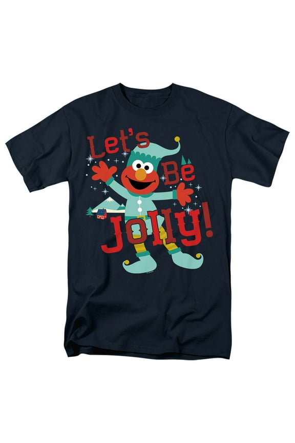 Elmo, Jolly Christmas Elf Unisex Adult T Shirt, Navy, X-Large