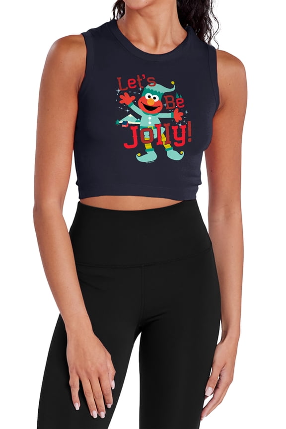 Elmo, Jolly Christmas Elf Women's Sleeveless Crop Top Tank, Navy, Small