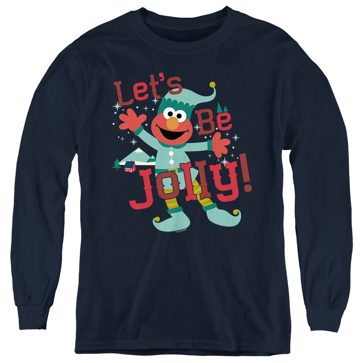 Sesame Street Elmo, Jolly Christmas Elf Youth Long Sleeve T Shirt, Navy, Large