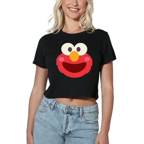 Sesame Street Elmo Kawaii Face Women's Crop Top T-Shirt, Black, X-Large