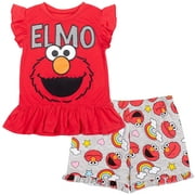 Sesame Street Elmo Little Girls Peplum T-Shirt and French Terry Shorts Outfit Set Infant to Little Kid