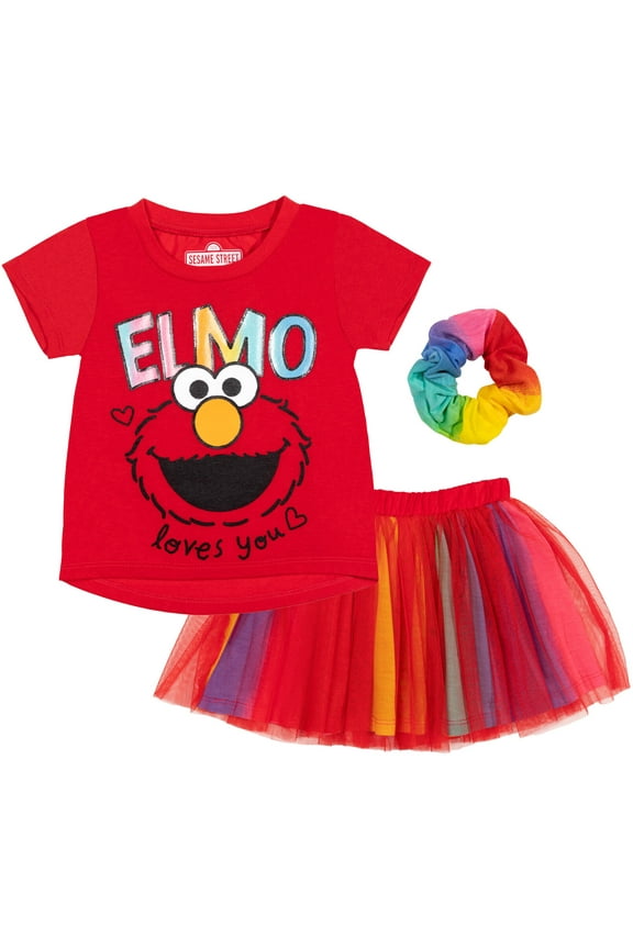 Elmo Little Girls T-Shirt Tulle Skirt and Scrunchie 3 Piece Outfit Set Infant to Little Kid