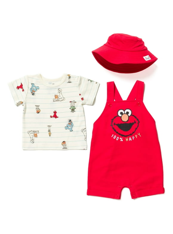 Sesame Street Elmo Newborn Baby Boys French Terry Short Overalls T-Shirt and Hat 3 Piece Outfit Set Newborn to Toddler