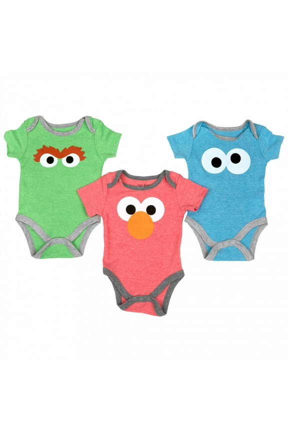 Happy Threads Sesame Street Baby Boys' Bodysuit Three Pack - Baby Bodysuit Multipack - Newborn Girl Clothes Re/Blue/Green, 6-9 Months