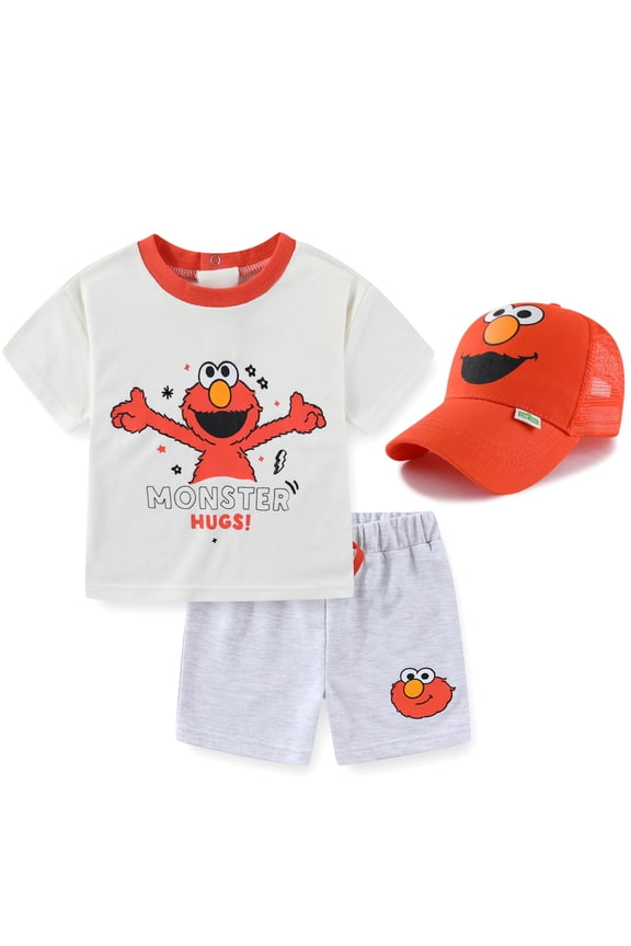Elmo Short Sleeve T-Shirt with Cap and Shorts Set (Baby Boys), 3 Piece Set, Sizes 12M-24M