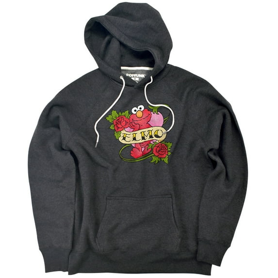 Sesame Street Elmo Tattoo Unisex Adult Slim Fit Pull-Over Heather Hoodie, Charcoal, Large