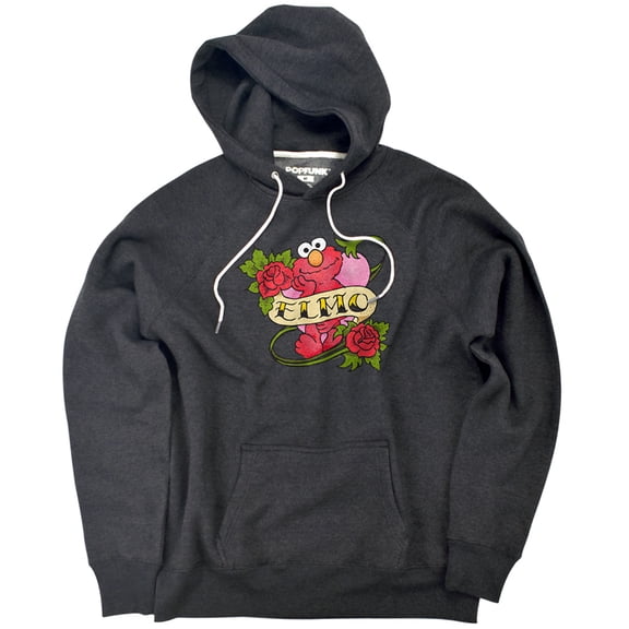 Sesame Street Elmo Tattoo Unisex Adult Slim Fit Pull-Over Heather Hoodie, Charcoal, Medium