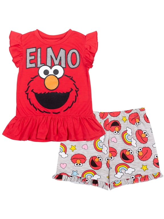 Elmo Toddler Girls Ruffle T-Shirt French Terry Shorts Set Red 2T