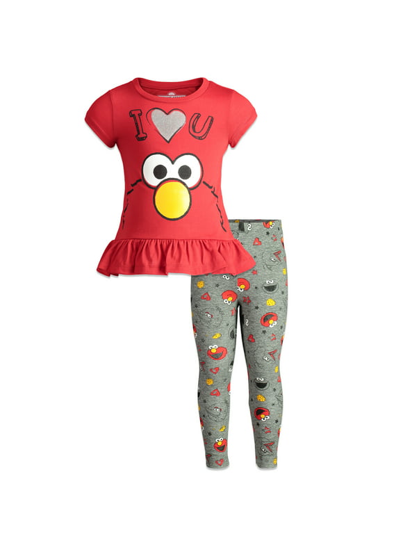 Sesame Street Elmo Toddler Girls Ruffle Tunic Shirt & Leggings Clothing Set 2T