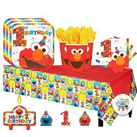 Sesame Street Elmo Turns One Birthday Party Pack for 16 with Plates, Napkins, Cups, Tablecover, and Candles