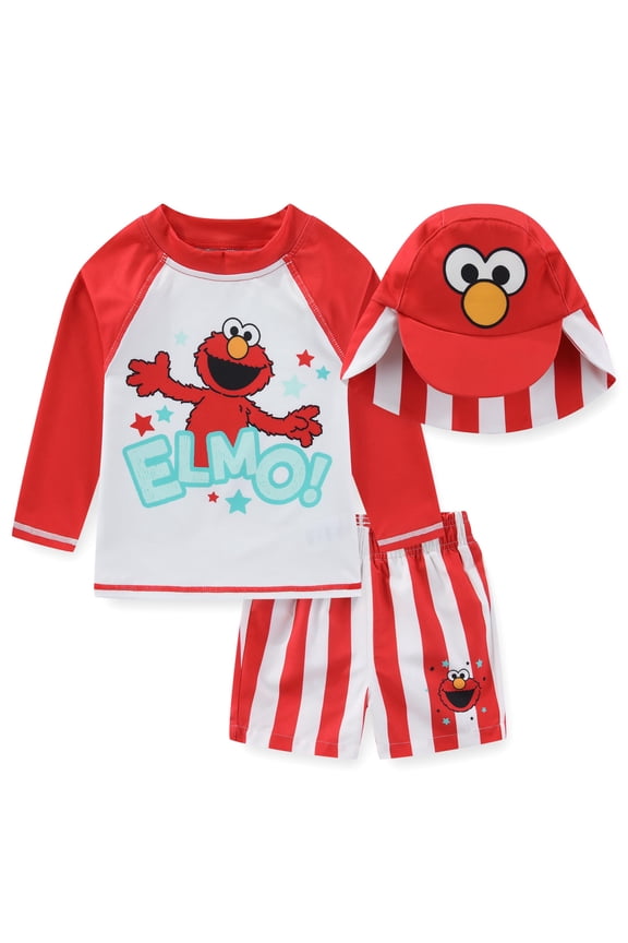 Elmo UPF 50+ Rash Guard Swim Trunks and Sun Hat Bathing Suit Set (Baby Boys), 3 Piece Set, Sizes 12M-4T