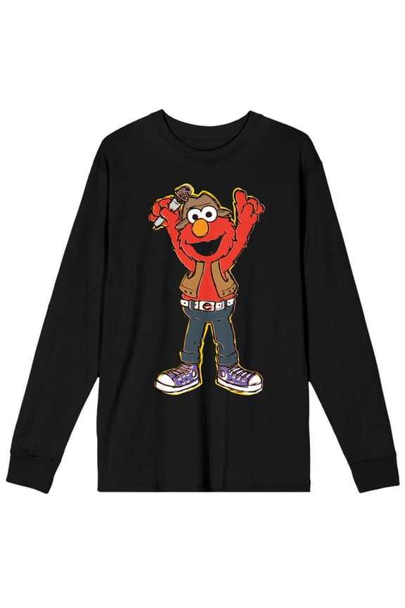 Sesame Street Elmo With Microphone Men's Black Long Sleeve Shirt-XS