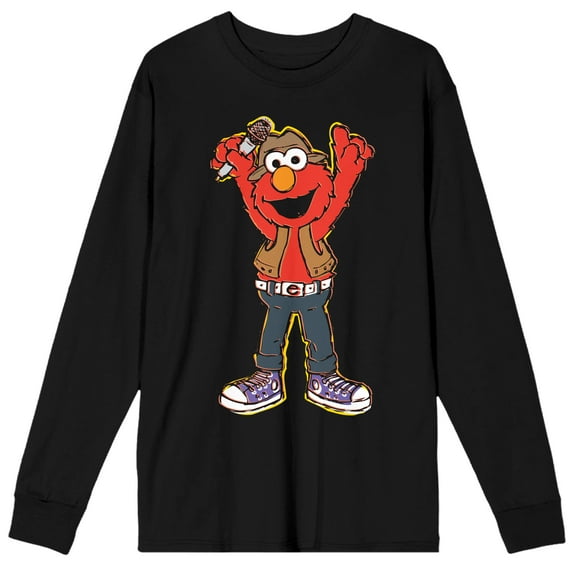 Sesame Street Elmo With Microphone Men's Black Long Sleeve Shirt-XS