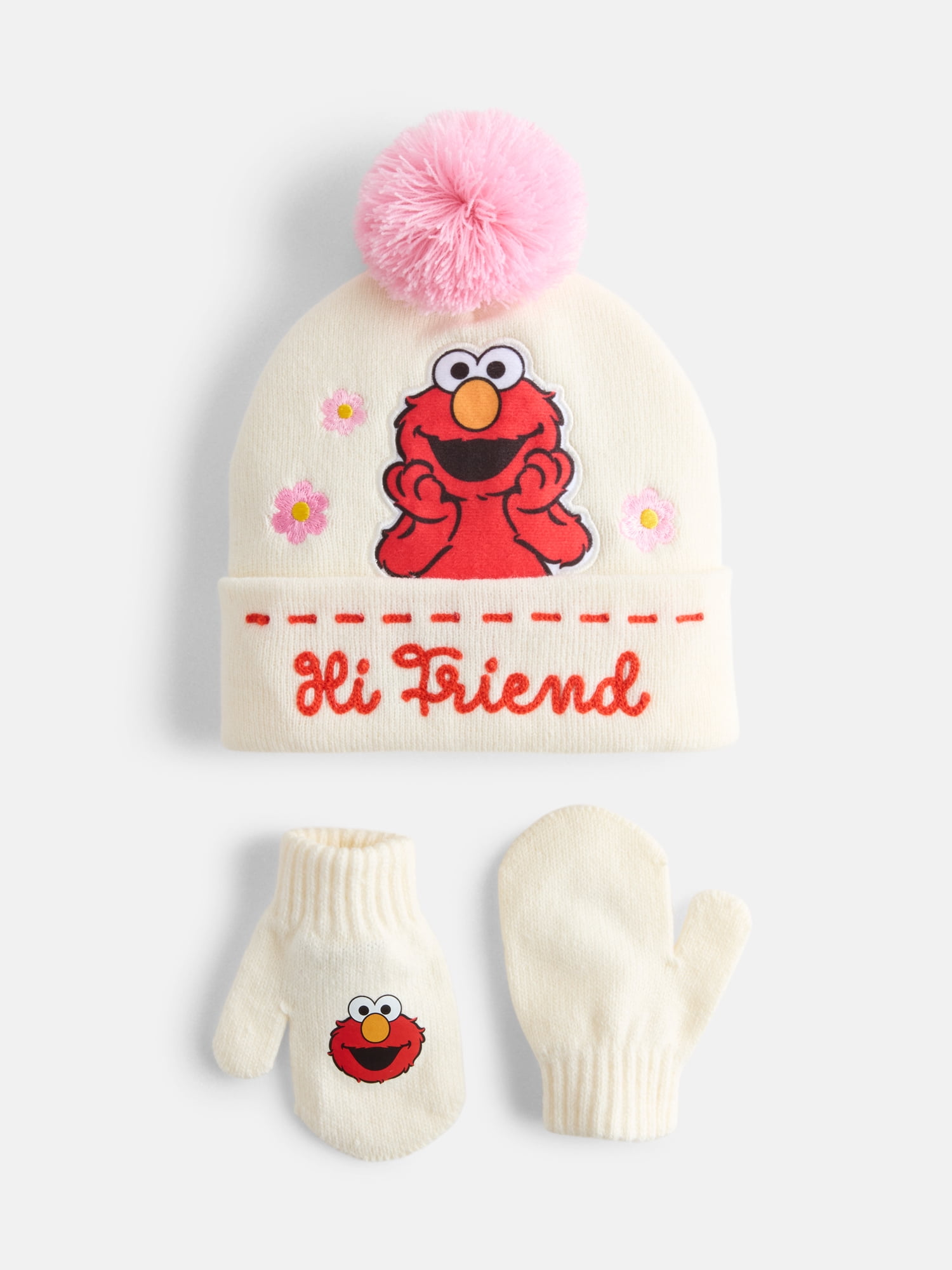 Elmo Toddler Girls Pom Beanie and Mittens Set, 2 Piece
