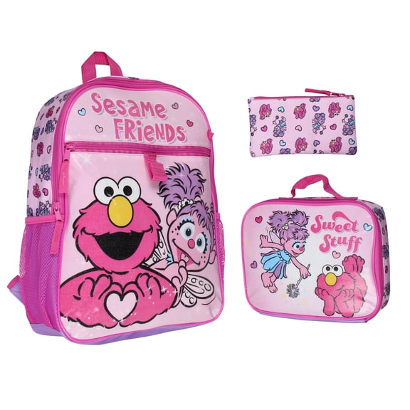 Sesame Street Elmo Abby Cadabby Friends 3 PC Backpack Lunch Box Pencil Pouch 16"