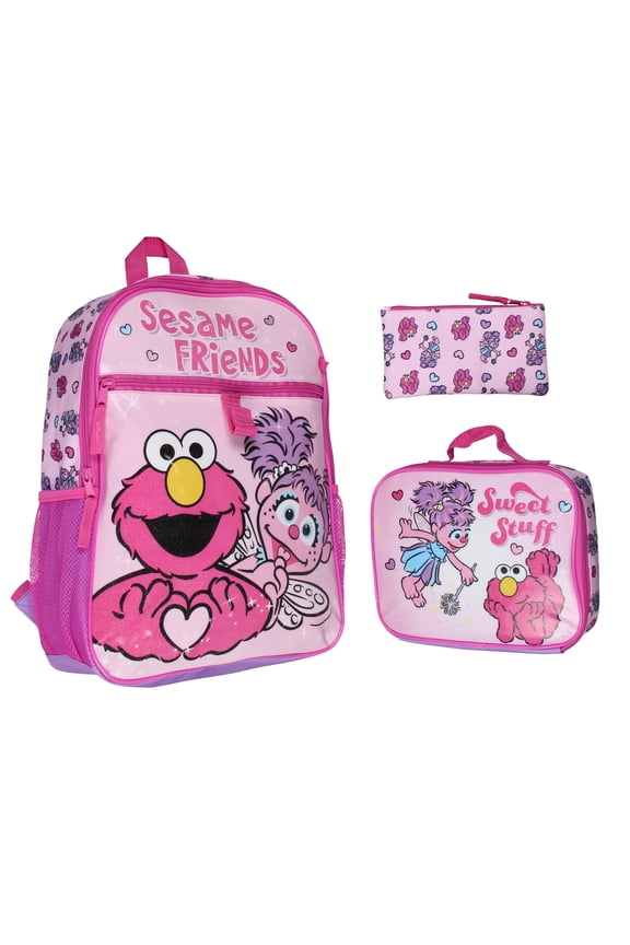 Sesame Street Elmo Abby Cadabby Friends 3 PC Backpack Lunch Box Pencil Pouch 16"