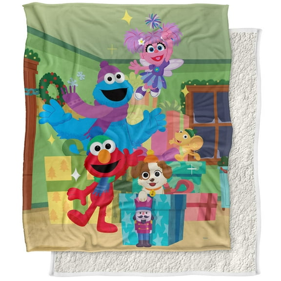 Sesame Street Furry Friends Forever Blanket, 50'x60' Elmo Abby Cookie Monster Presents Silky Touch Sherpa Back Super Soft Throw Blanket