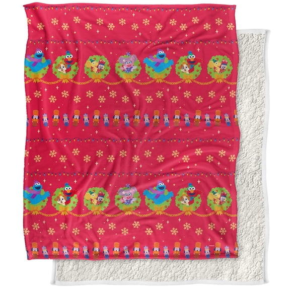 Sesame Street Furry Friends Forever Blanket, 50'x60' Wreath Pattern Silky Touch Sherpa Back Super Soft Throw Blanket