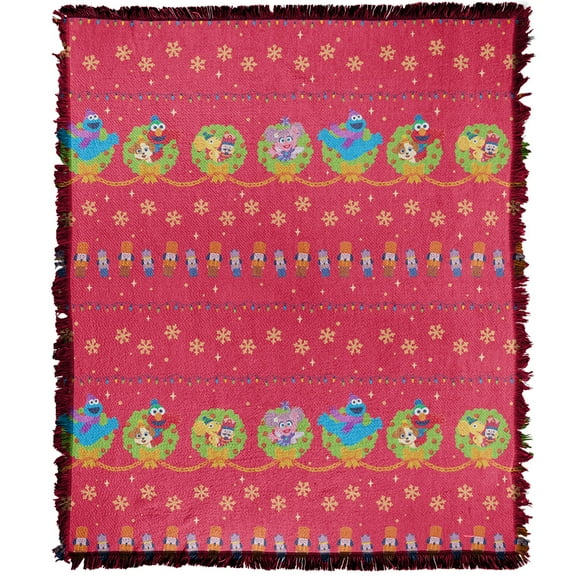 Sesame Street Furry Friends Forever Blanket, 50'x60' Wreath Pattern Woven Tapestry Cotton Blend Fringed Throw Blanket