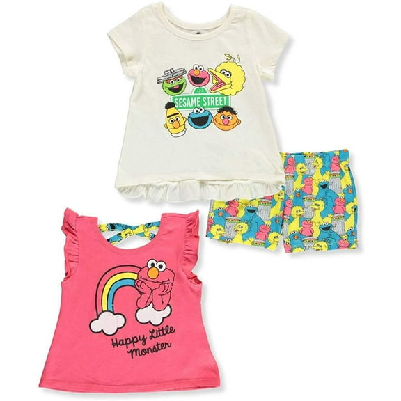 Sesame Street Girls 3-Piece Shirts and Short Set: Elmo & Cookie Monster
