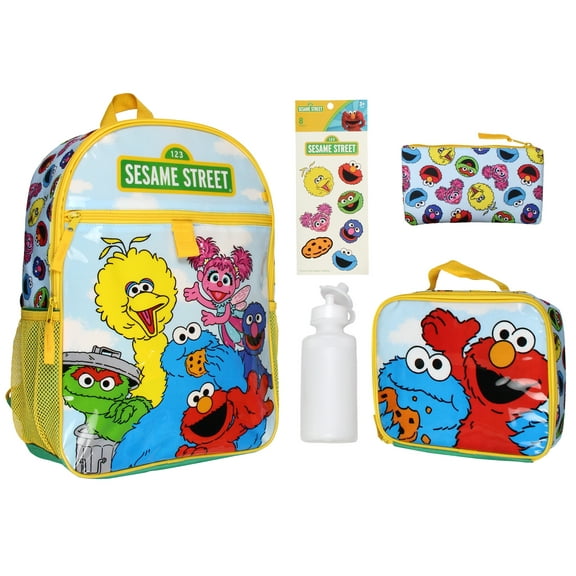 Sesame Street Group Cookie Monster Elmo Big Bird 5 PC Mega Set Backpack Lunch Box Pencil Pouch Waterbottle Stickers 16"