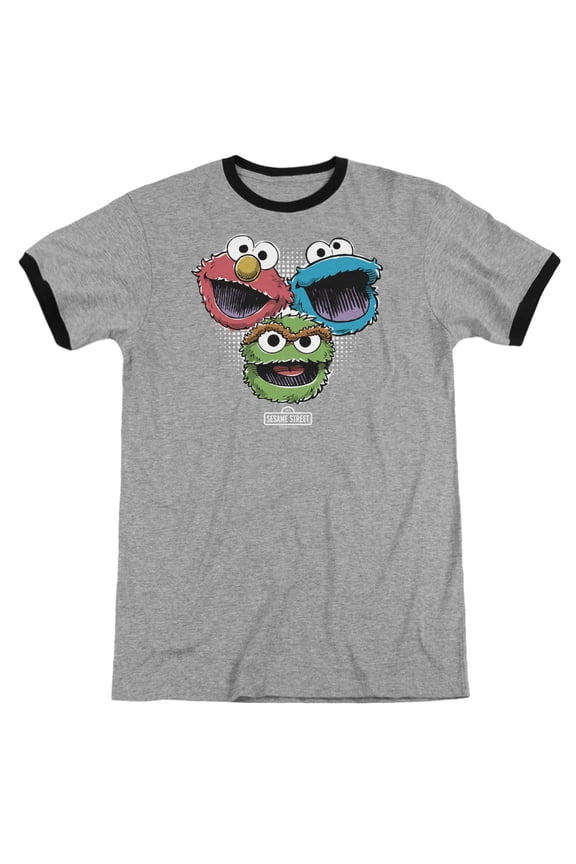 Sesame Street Halftone Heads Adult Ringer T-Shirt Heather Black