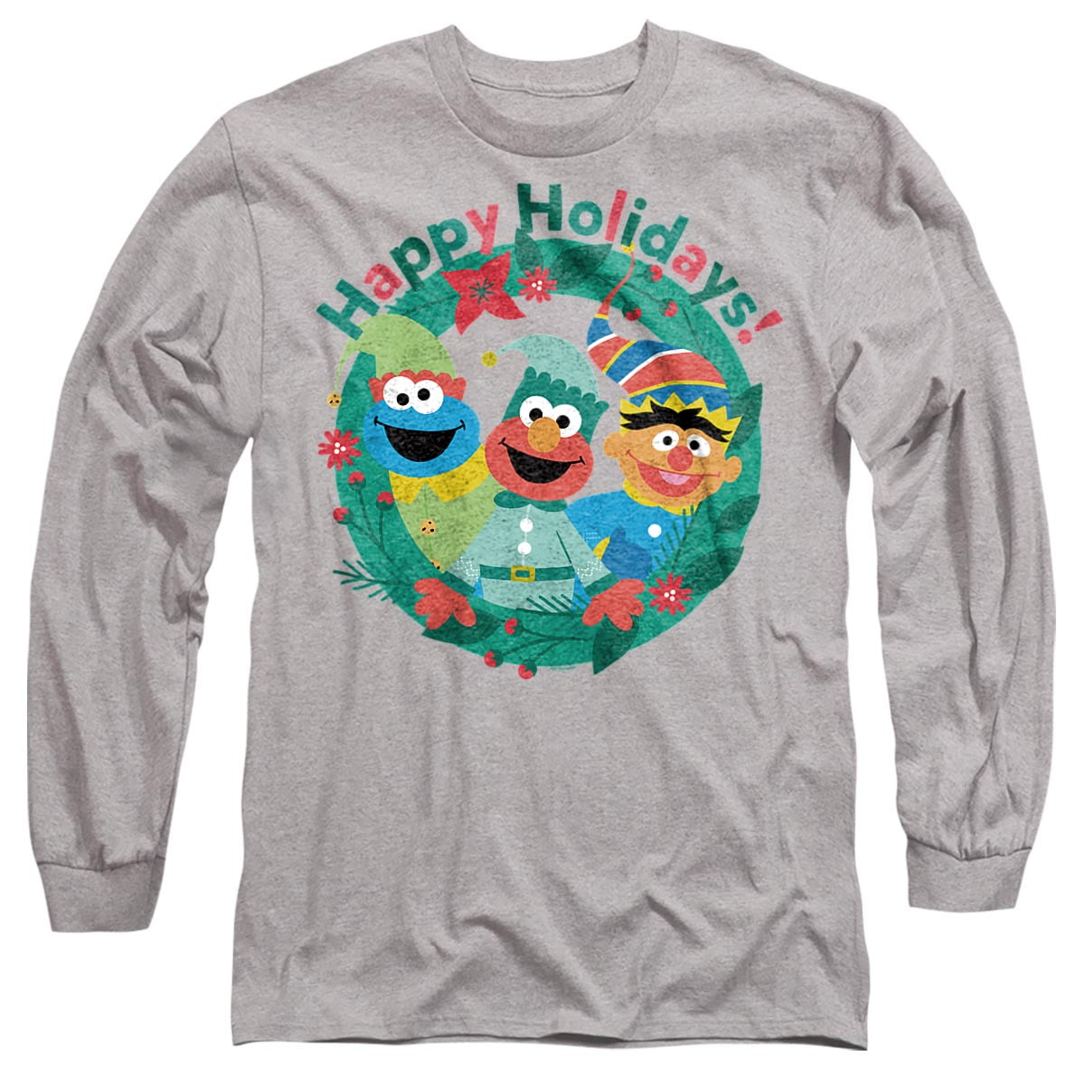 Sesame Street Happy Holiday Christmas Elves Unisex Adult Long-Sleeve T Shirt, Athletic Heather, Small