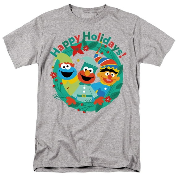 Sesame Street Happy Holiday Christmas Elves Unisex Adult T Shirt, Athletic Heather, Large