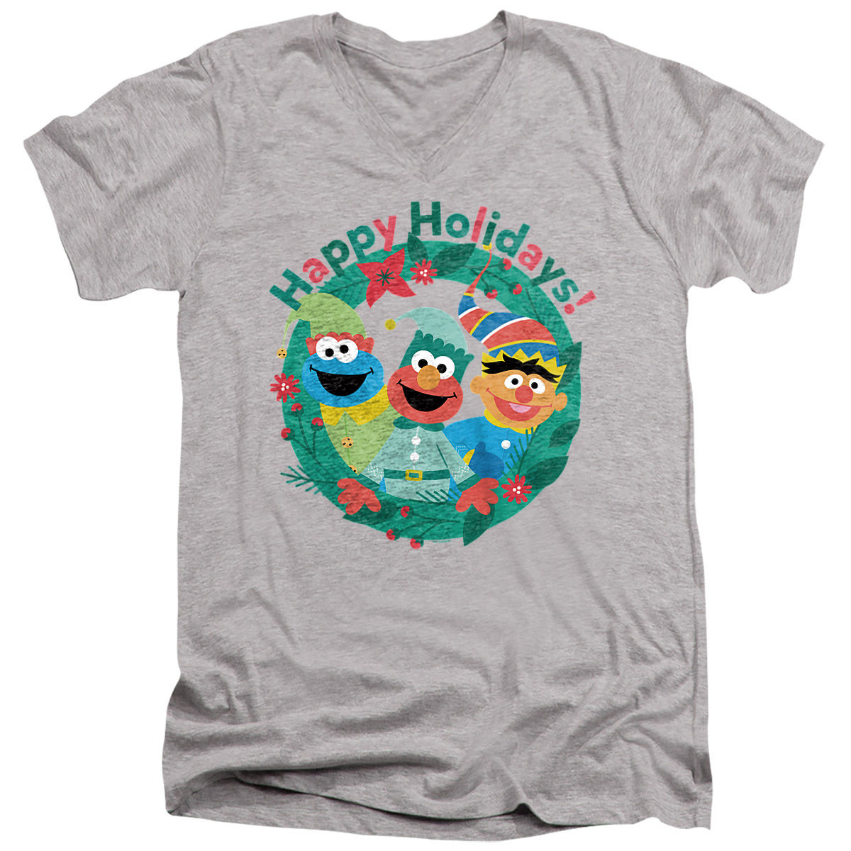 Sesame Street Happy Holiday Christmas Elves Unisex Adult V-Neck T Shirt (Large) Athletic Heather