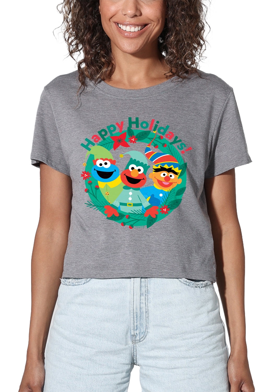 Sesame Street Happy Holiday Christmas Elves Women's Crop Top T-Shirt, Athletic Heather, Small