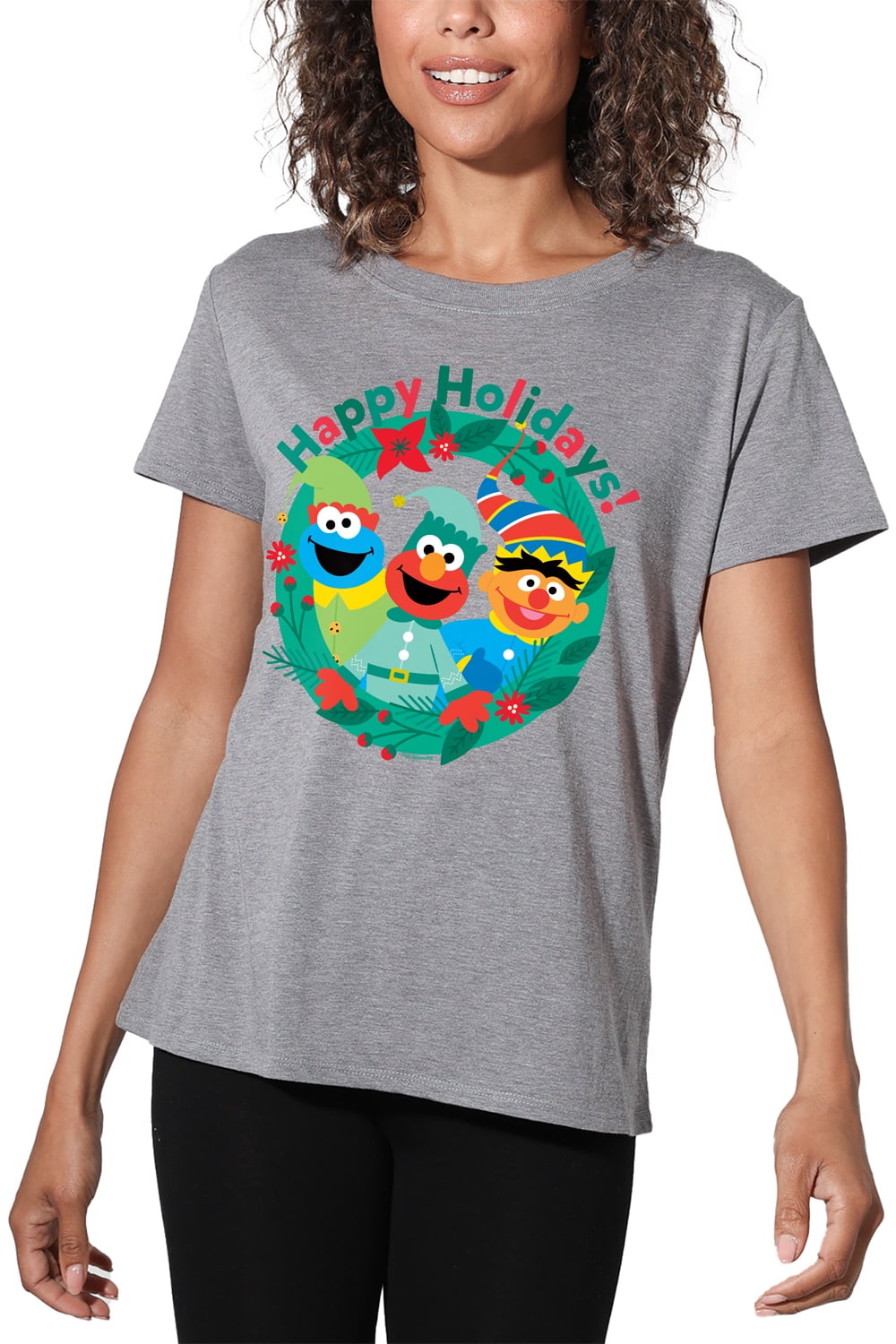 Sesame Street Happy Holiday Christmas Elves Women's Loose T-Shirt, Athletic Heather, Large