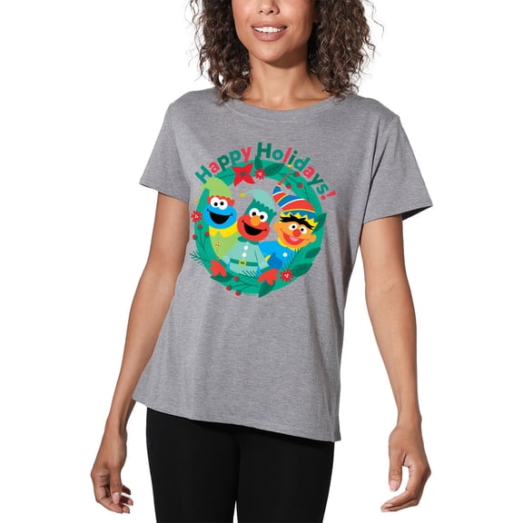 Sesame Street Happy Holiday Christmas Elves Women's Loose T-Shirt, Athletic Heather, Small