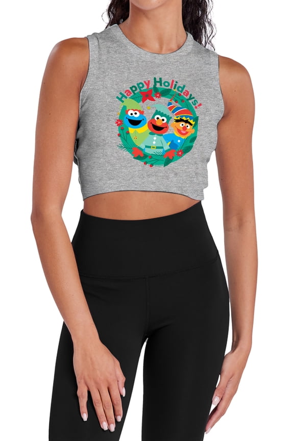 Happy Holiday Christmas Elves Women's Sleeveless Crop Top Tank, Athletic Heather, Small