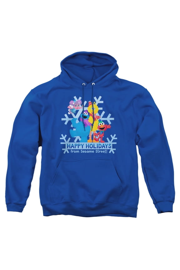 Happy Holidays Elmo, Cookie Monster, Abby Adult Pull-Over Hoodie, Royal, Medium