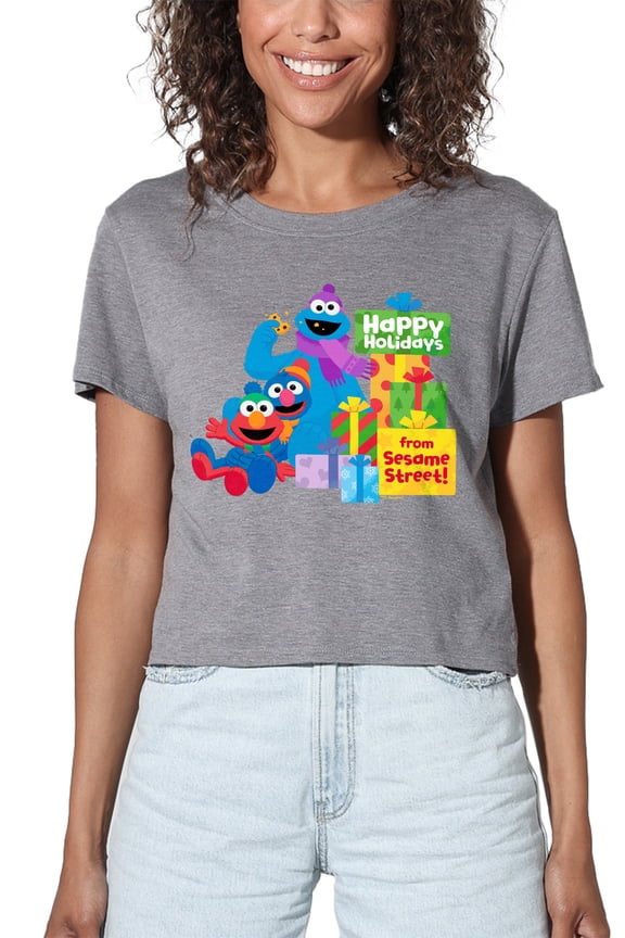 Happy Holidays Gifts With Elmo, Grover, Cookie Women's Crop Top T-Shirt, Athletic Heather, Medium