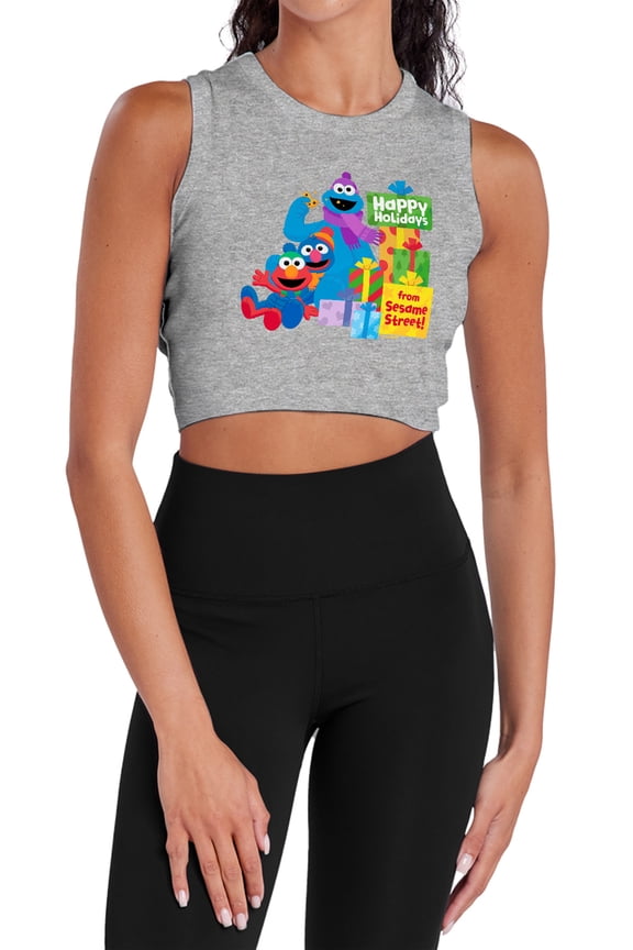 Happy Holidays Gifts With Elmo, Grover, Cookie Women's Sleeveless Crop Top Tank, Athletic Heather, 2X-Large