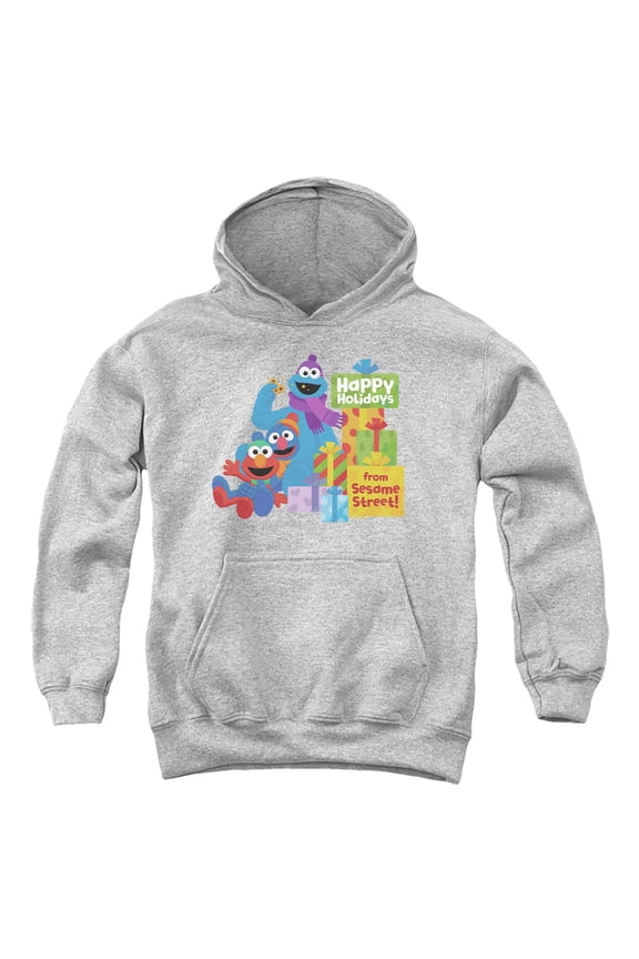 Happy Holidays Gifts With Elmo, Grover, Cookie Youth Kids Boy/Girls Pull-Over Hoodie, Athletic Heather, Small