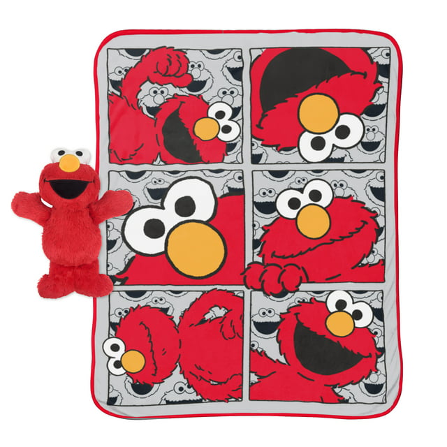 Sesame Street Hip Elmo Pillow Buddy and 40x50 inch Red & Grey Throw Blanket Set, 100% Microfiber