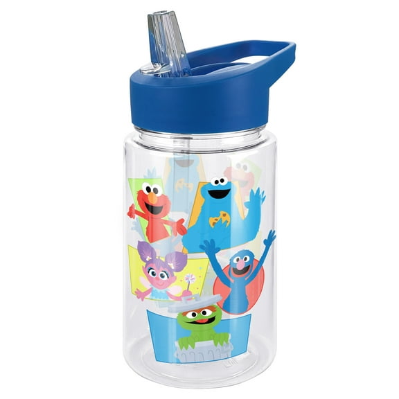 Sesame Street Kids Tritan Plastic Water Bottle with Straw Lid and Handle, Reusable Tumbler for Toddlers, Unisex for Girls and Boys, 12oz, Character Panels