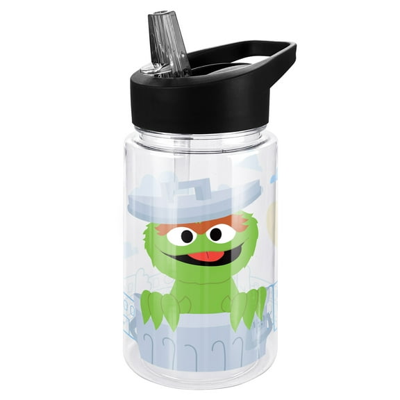 Sesame Street Kids Tritan Plastic Water Bottle with Straw Lid and Handle, Reusable Tumbler for Toddlers, Unisex for Girls and Boys, 12oz, Big Oscar